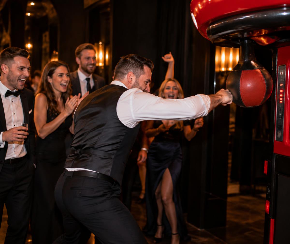 Guests cheering a punch boxer machine challenge at an evening event