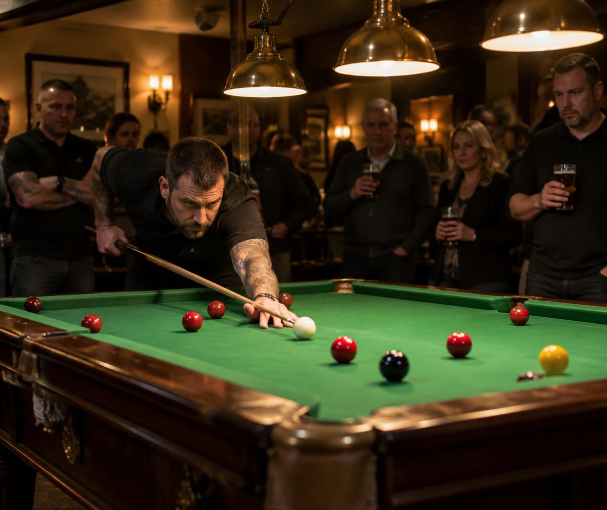 Pool player competing in a busy British league night
