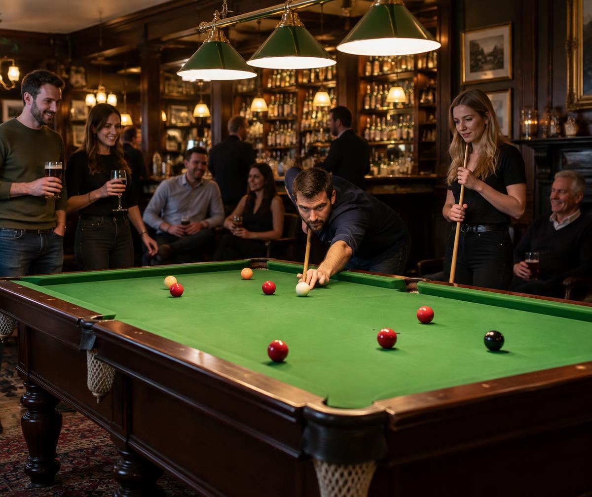 Players around a green felt tournament pool table in a British pub